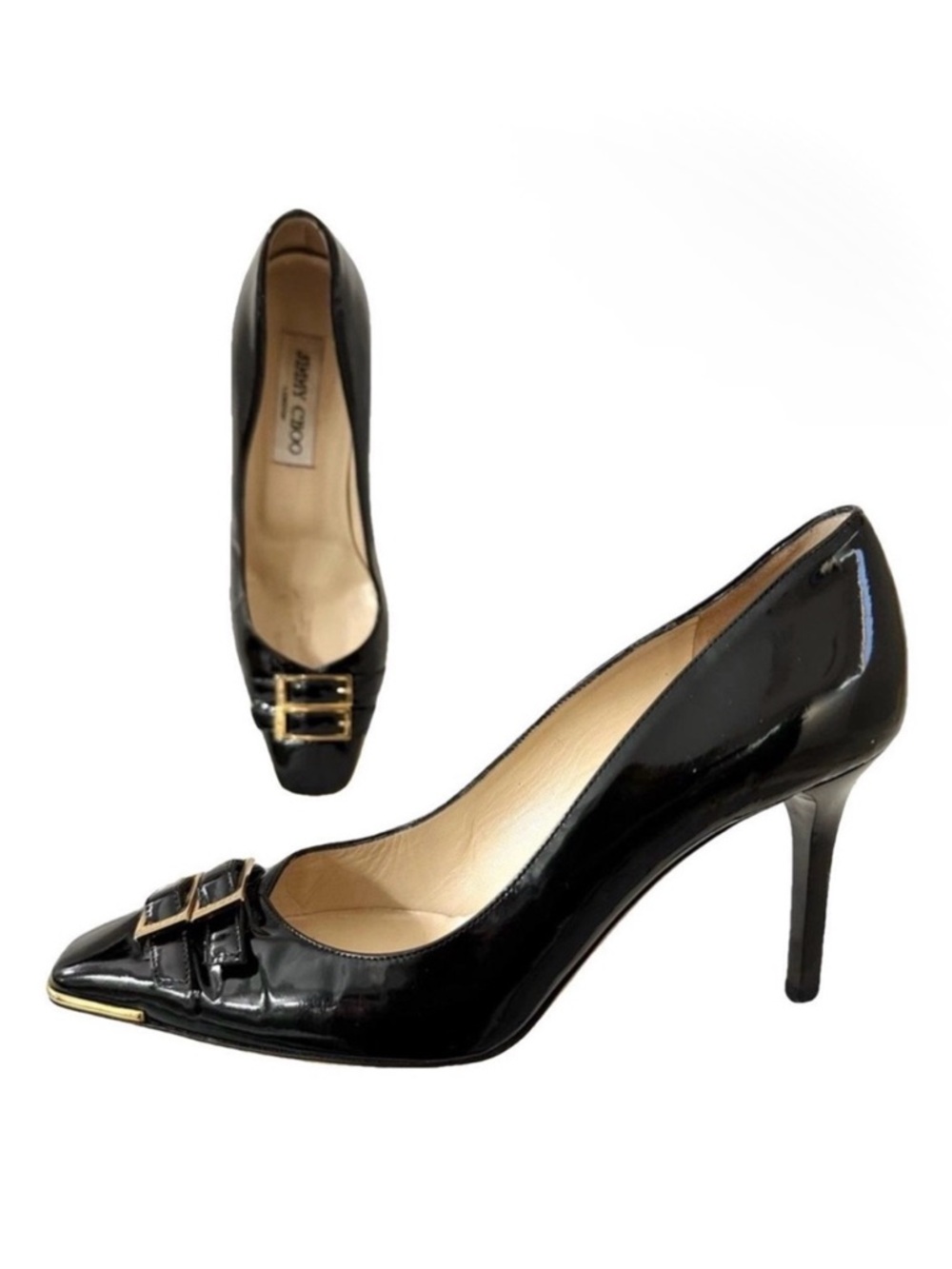 Jimmy Choo Pumps Pearlized Patent Leather Double Buckle Square Toe
